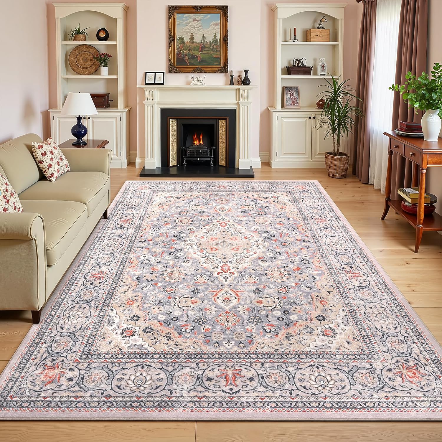 Washable Boho Area Rug, Vintage Floral Non Slip Carpet for Home