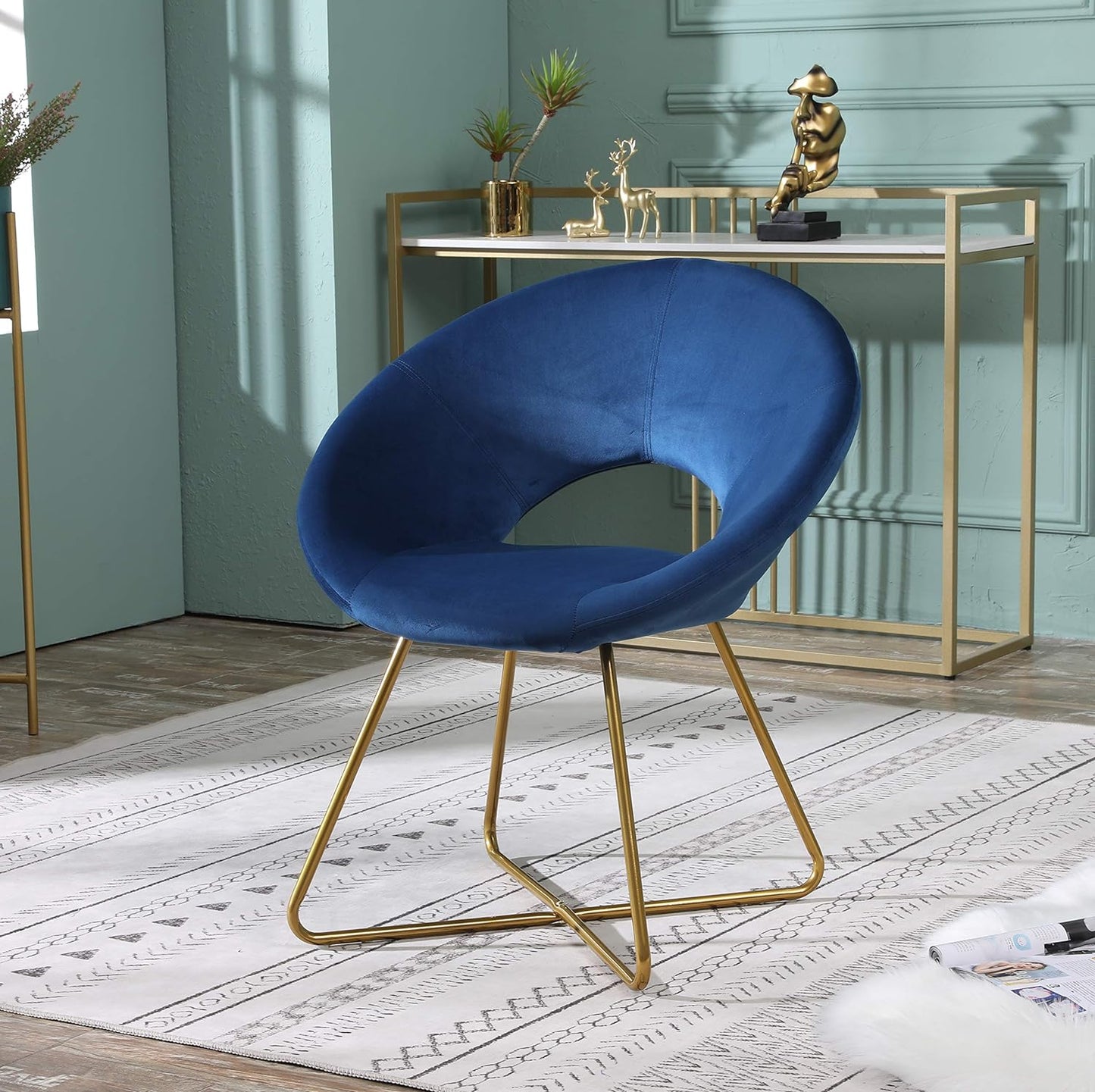 Plush Velvet Accent Chair, Gold Base, Blue