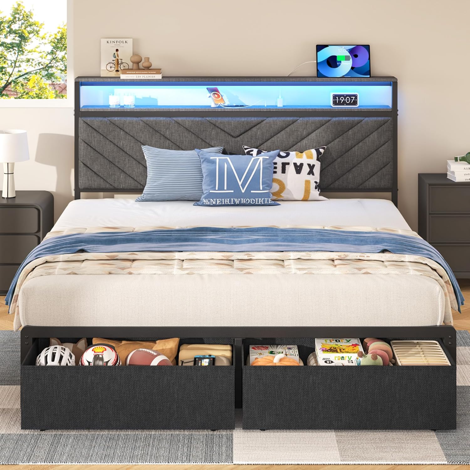 HISOFT Queen Bed Frame with Charging Station and LED Lights