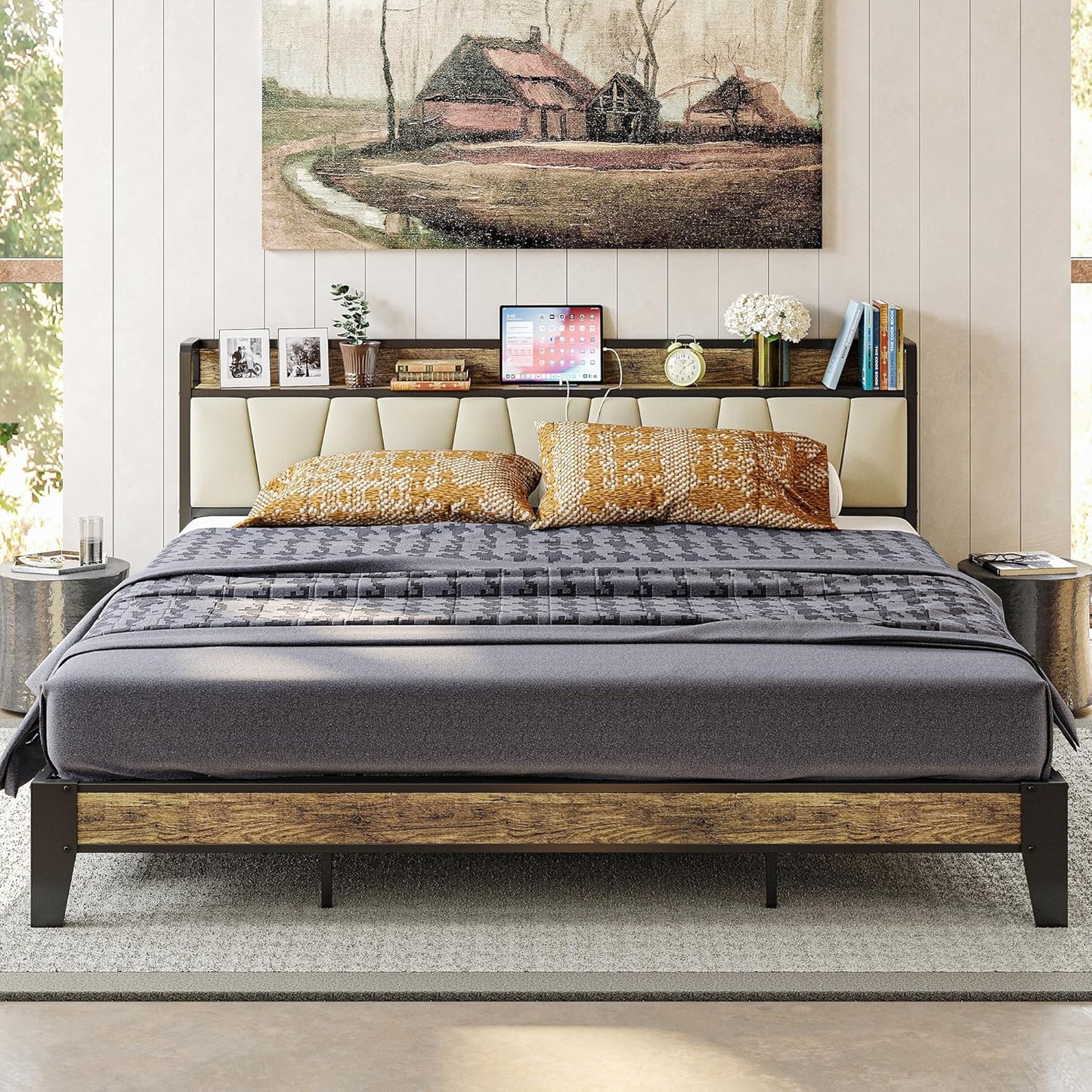 LIKIMIO King Bed Frame with Storage Headboard and Charging Station