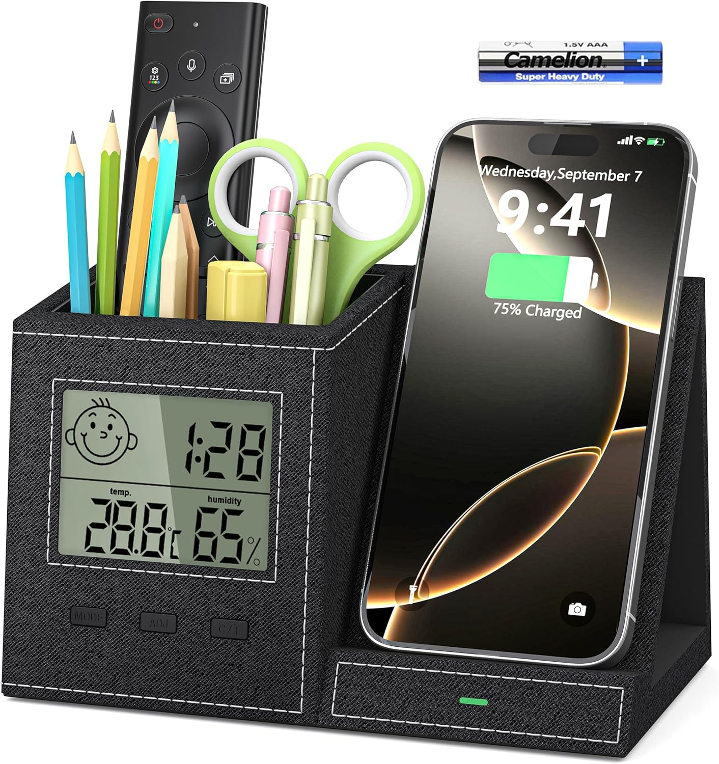 Multifunctional Desk Organizer with Wireless Charger and Thermometer