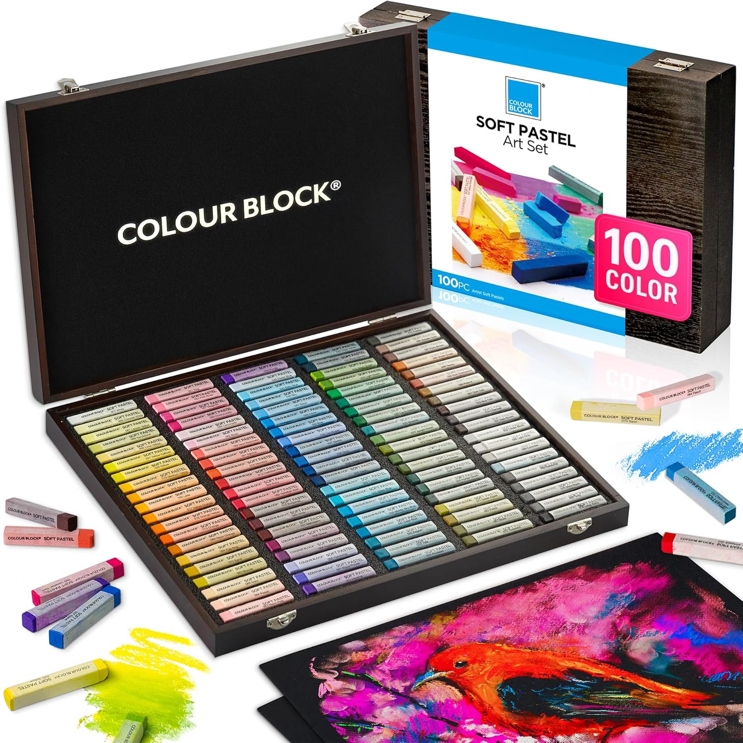 Vibrant 100 Colors Soft Pastels Set for Artists in Wooden Box