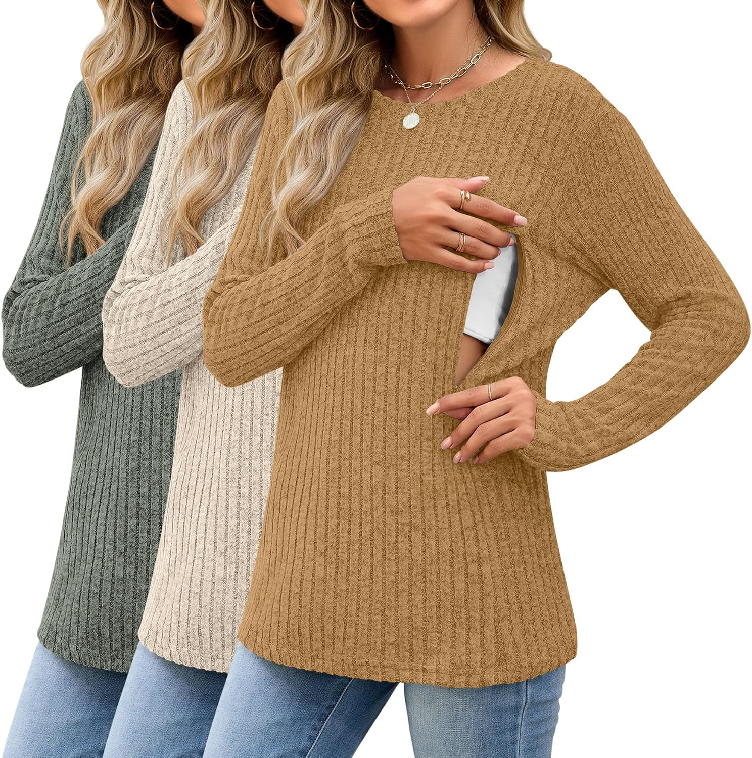 3 Pack Women's Nursing Long Sleeve Tops for Breastfeeding Comfort