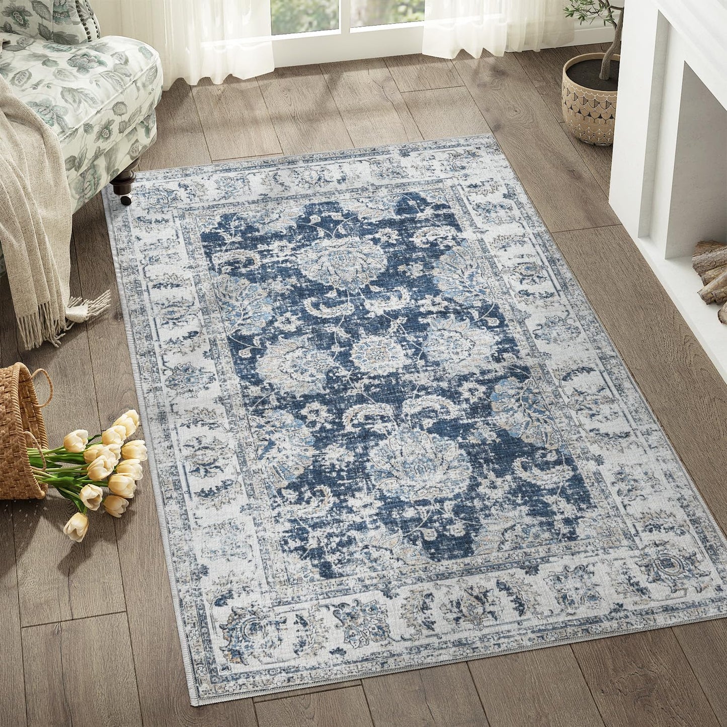 Distressed Vintage Floral Area Rug 3x5 for Indoor Spaces