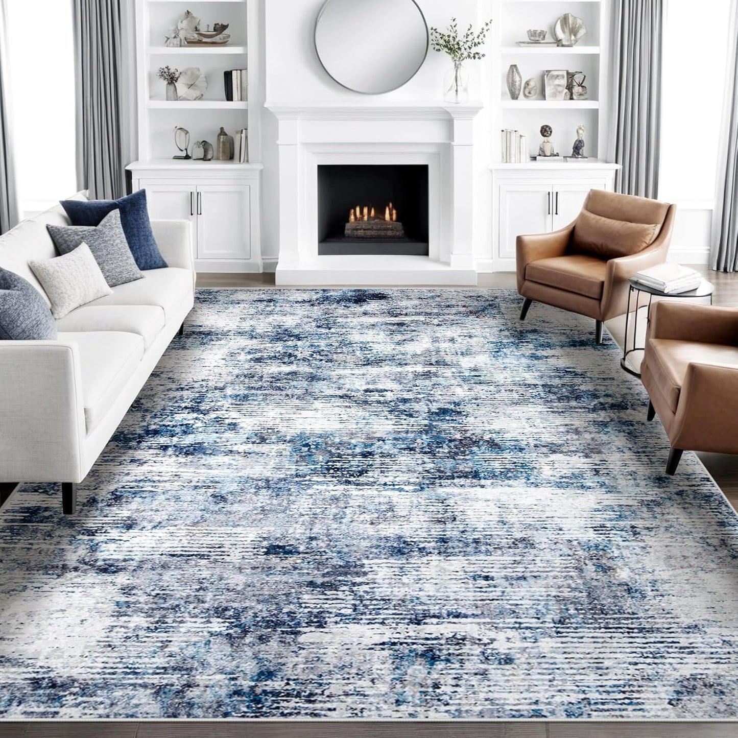 Large Washable Blue Area Rug - Non-Slip, Low Pile