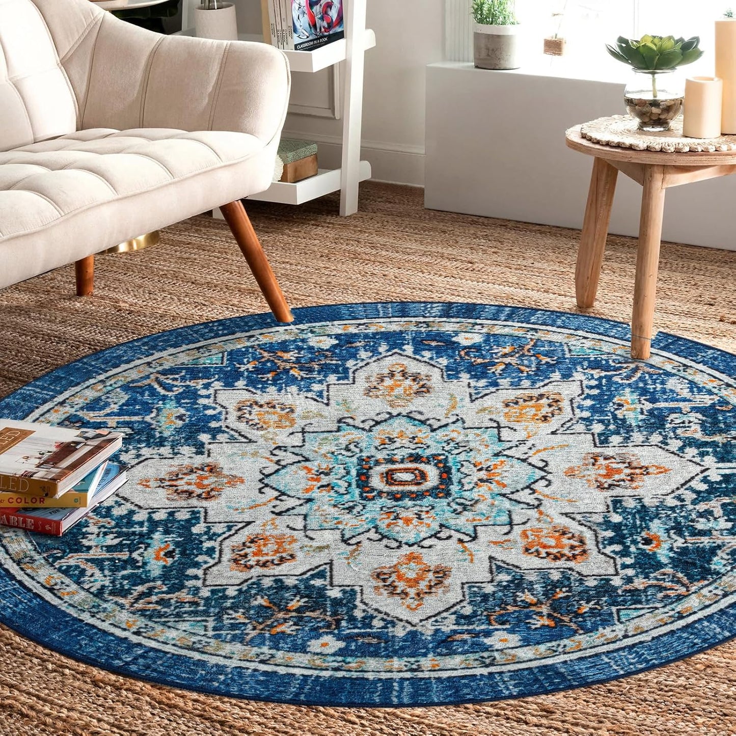 Easy-Going Round Rug 5ft Area Rug Washable Boho Circle Design