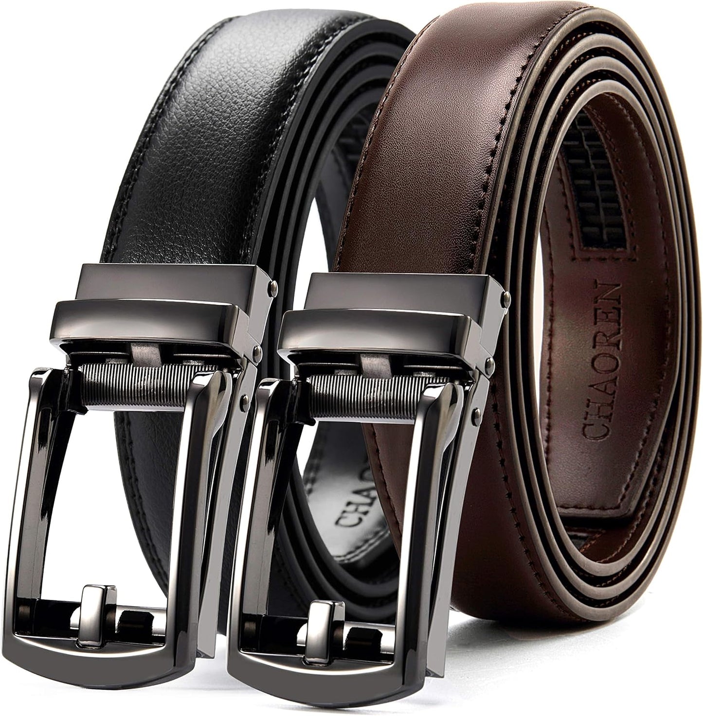 CHAOREN Men's Leather Ratchet Belt Pack of Two - Adjustable Fit