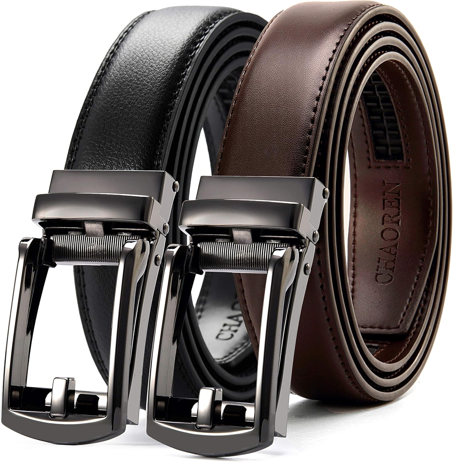 CHAOREN Men's Leather Ratchet Belt Pack of Two - Adjustable Fit