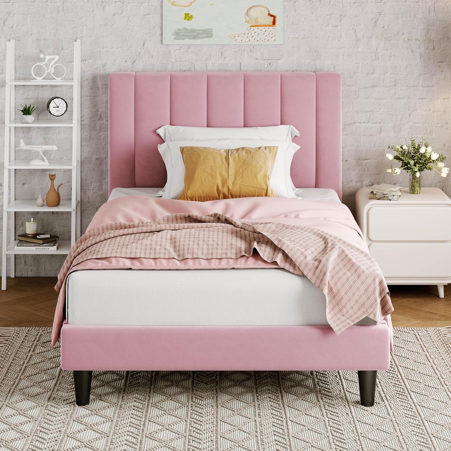 Allewie Twin Bed Frame with Velvet Upholstered Headboard