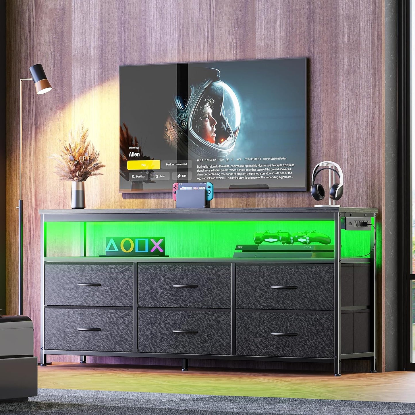 Huuger LED TV Stand for Bedroom with 6 Drawers and Outlets