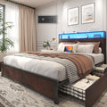 Queen Metal Bed Frame with 4 Drawers and Coffee Brown Headboard