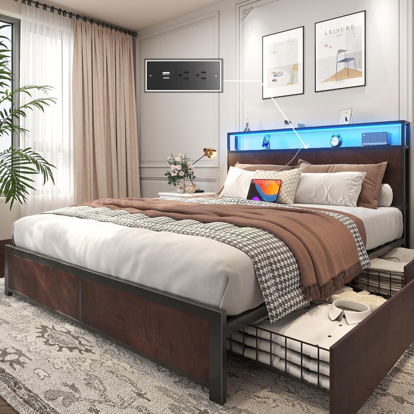 Lifezone Queen Bed Frame with Storage Headboard and LED Lights