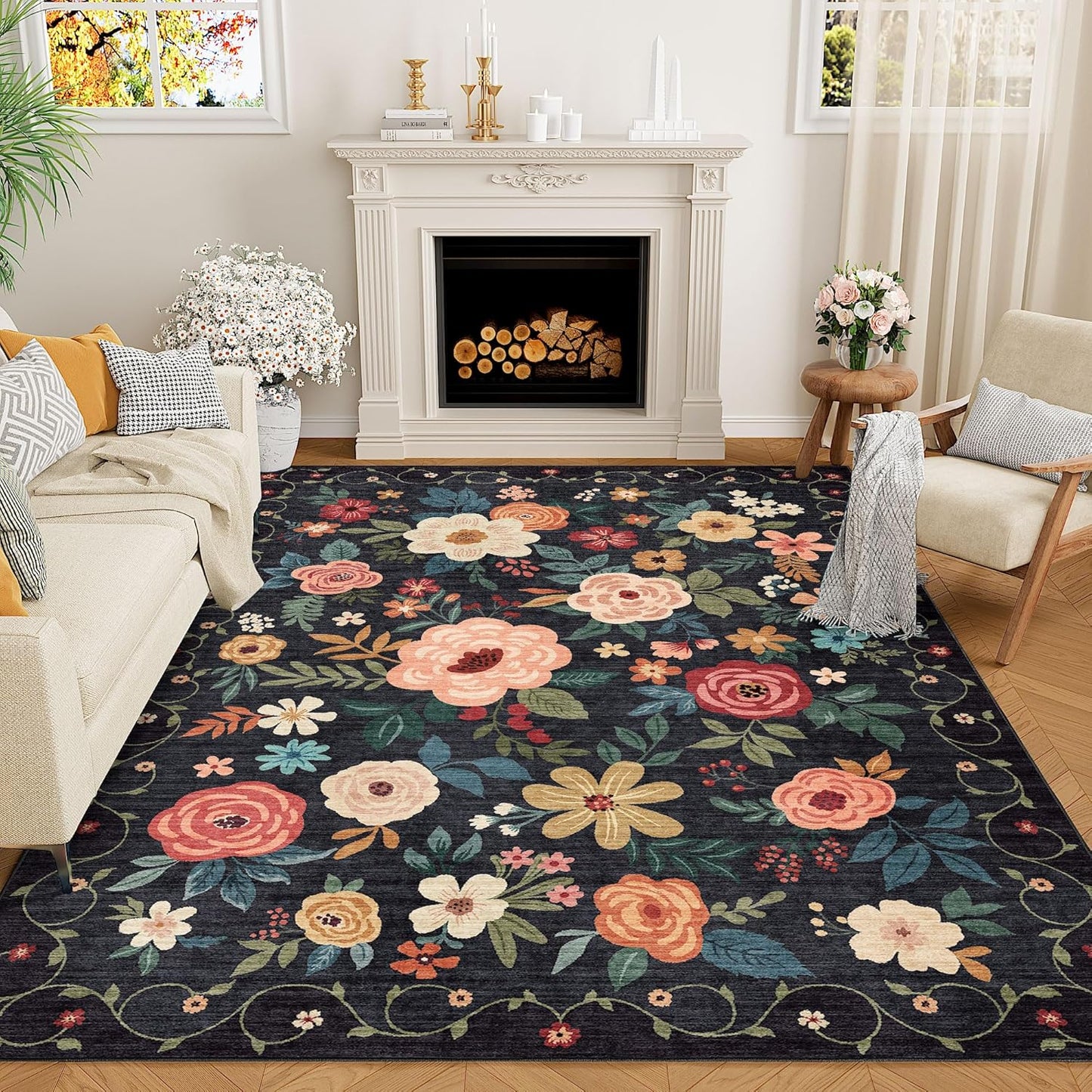 DUKINO 9x12 Area Rug - Floral Non Slip Washable Boho Design