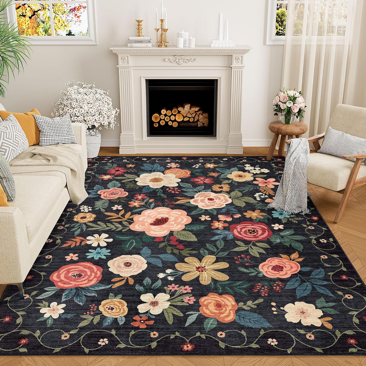 DUKINO 9x12 Area Rug - Floral Non Slip Washable Boho Design