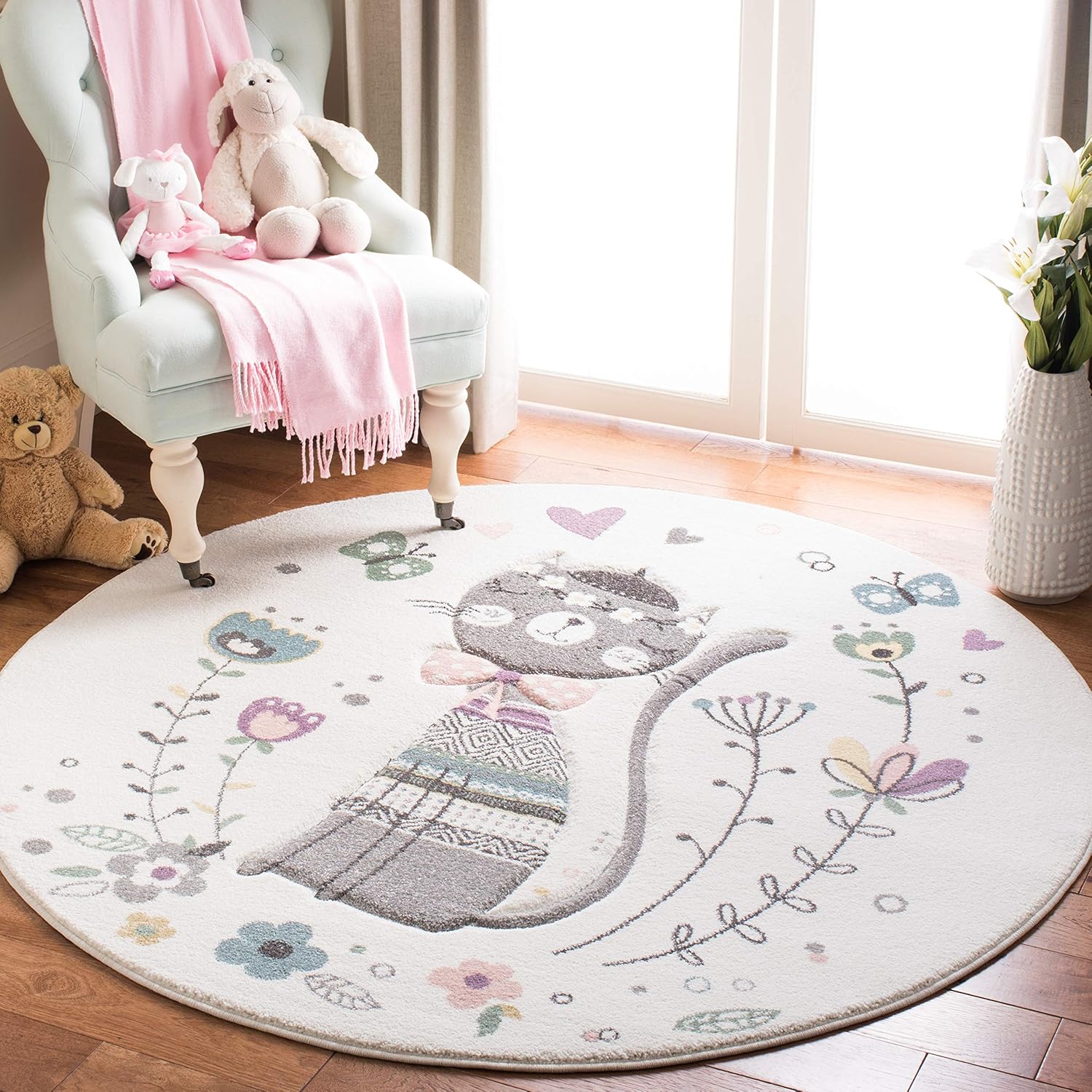 SAFAVIEH Carousel Kids Collection 4ft Round Floral Cat Rug