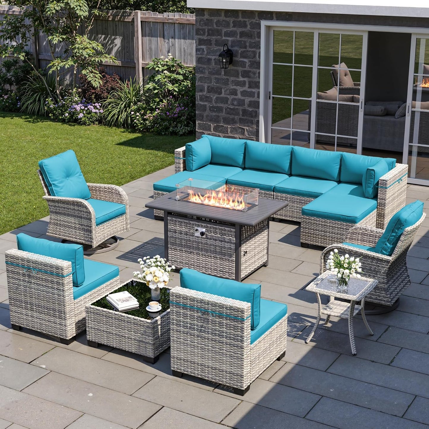 13-Piece Outdoor Patio Furniture Set with Swivel Chairs and Fire Pit