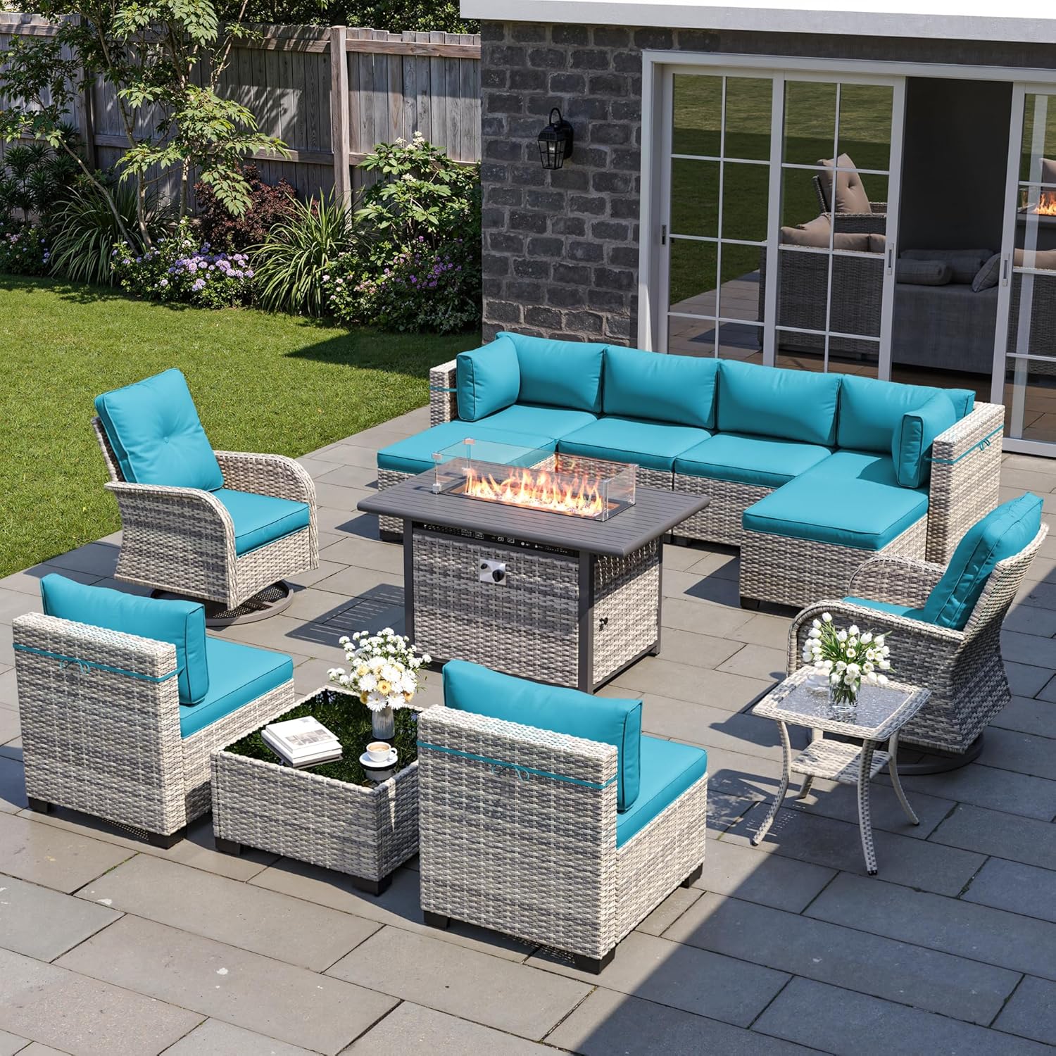 13-Piece Outdoor Patio Furniture Set with Swivel Chairs and Fire Pit