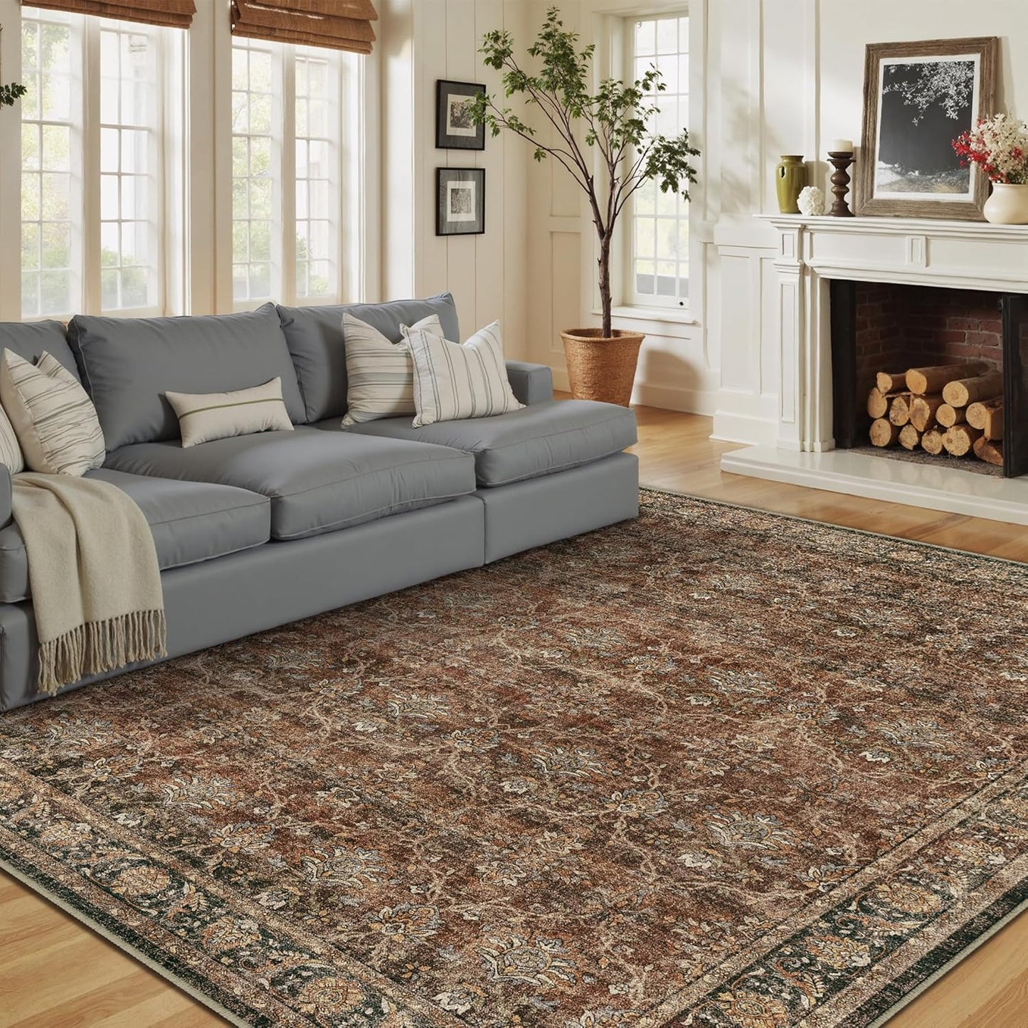 Vintage Floral 8x10 Area Rug - Soft Non Slip Living Room Carpet