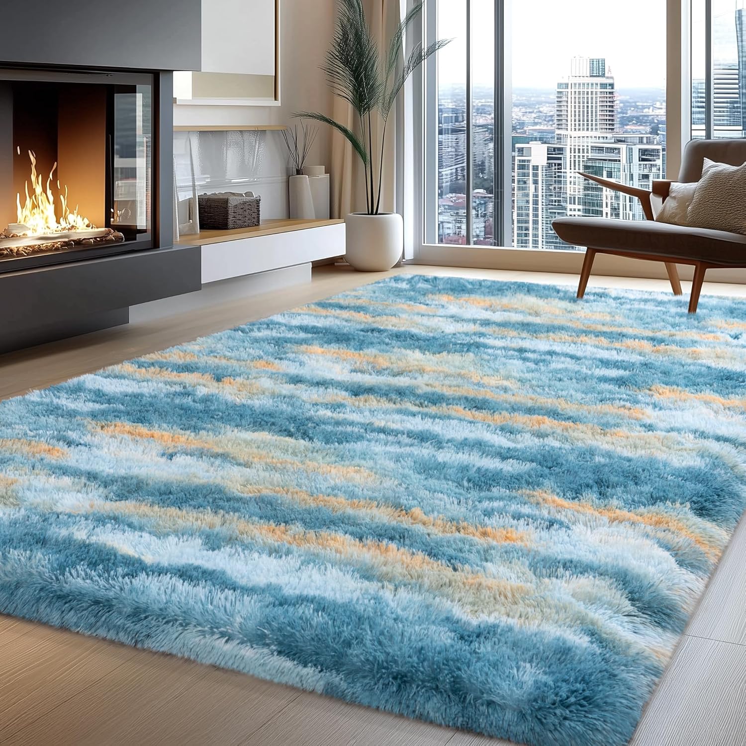 Fluffy Rugs for Living Room Bedroom, 5x7 Feet Abstract Blue