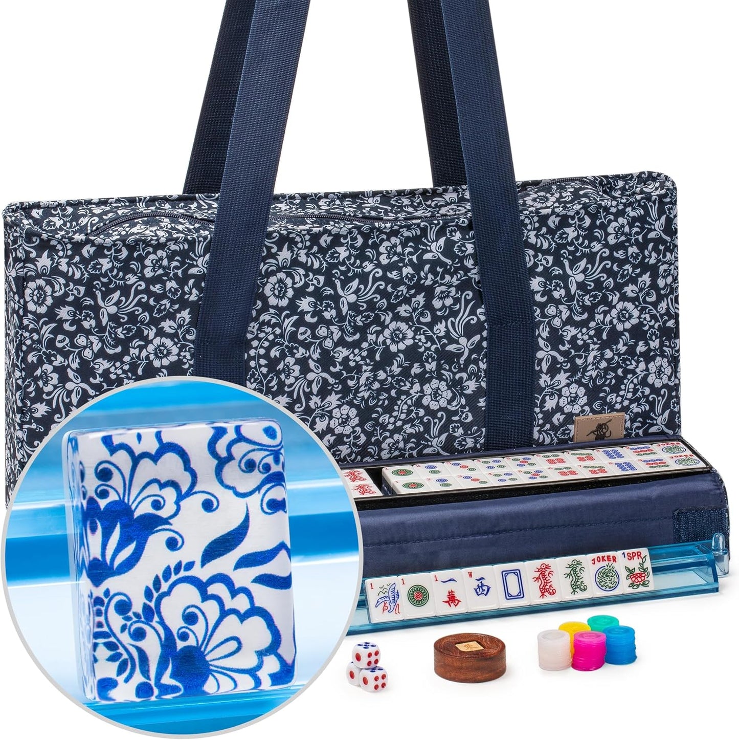 American Mahjong Set Chinoise II with Floral Blue Soft Case