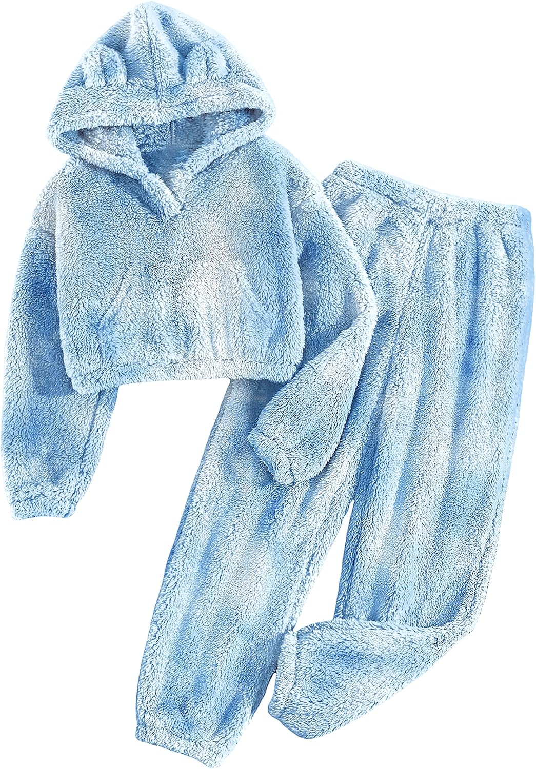 Fuzzy Bear Ear Hoodie Pullover and Sweatpants for Girls