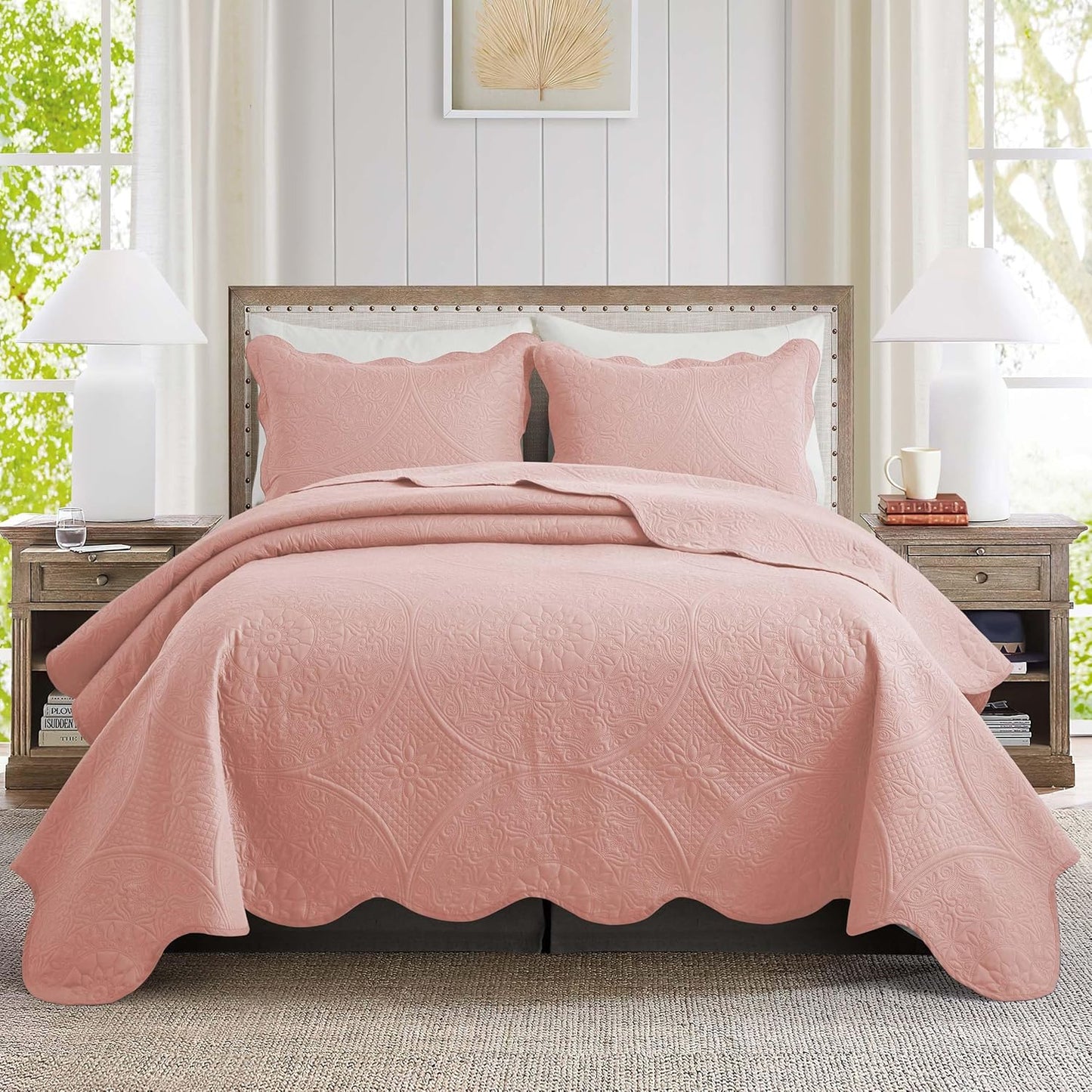 Twin Quilt Bedding Set with Floral Embossed Design in Baby Pink