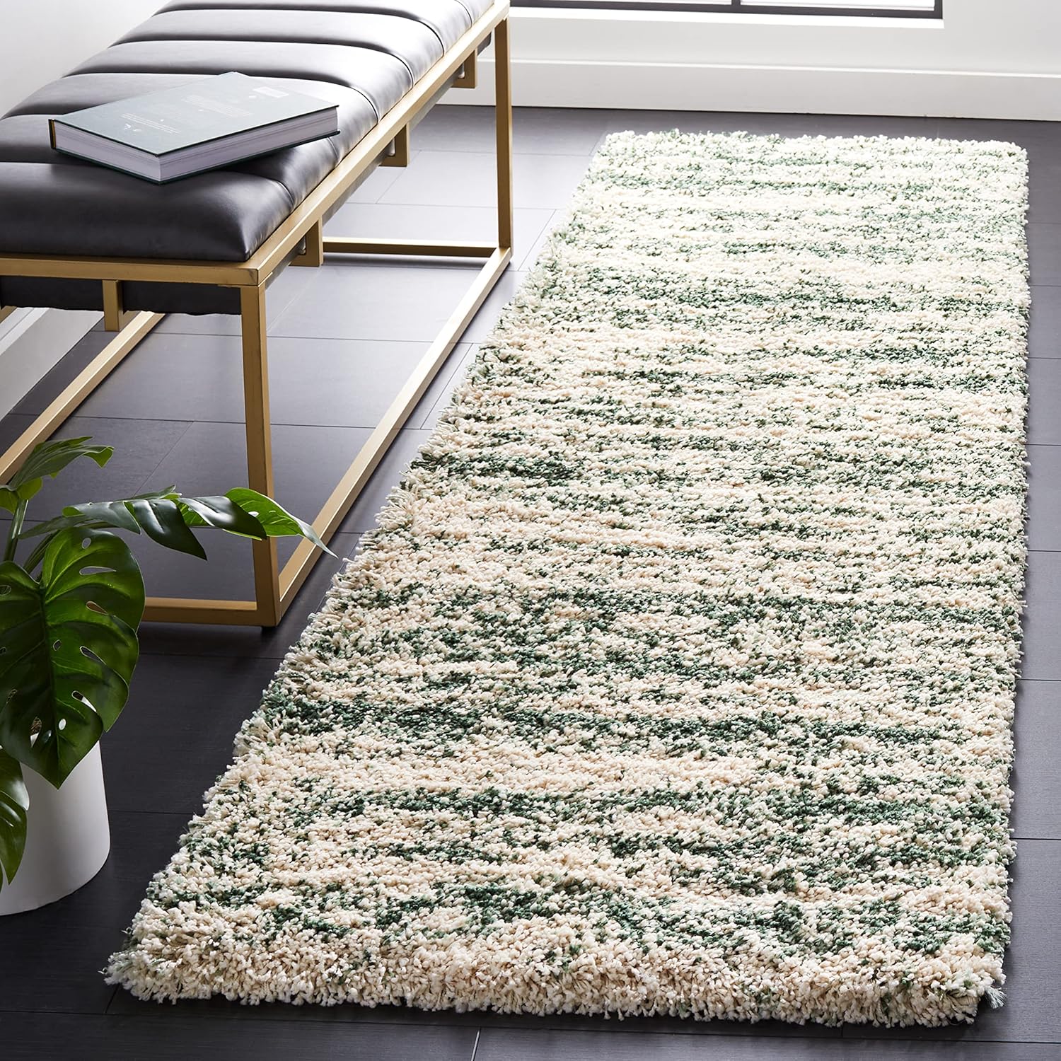 SAFAVIEH Hudson Shag Collection Runner Rug - Modern Ivory & Green