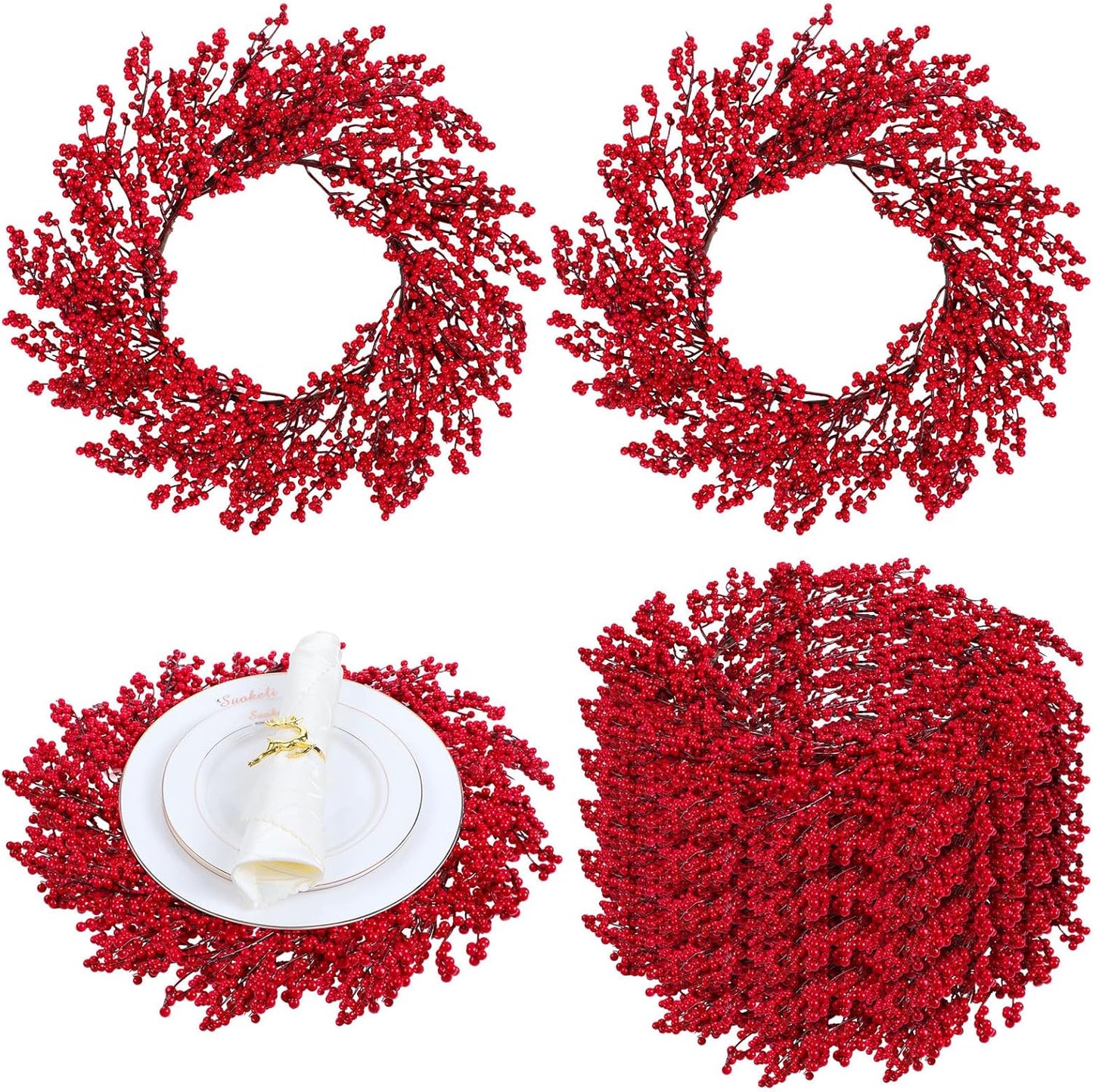Round Red Berry Placemats Set of 4 for Christmas Dining