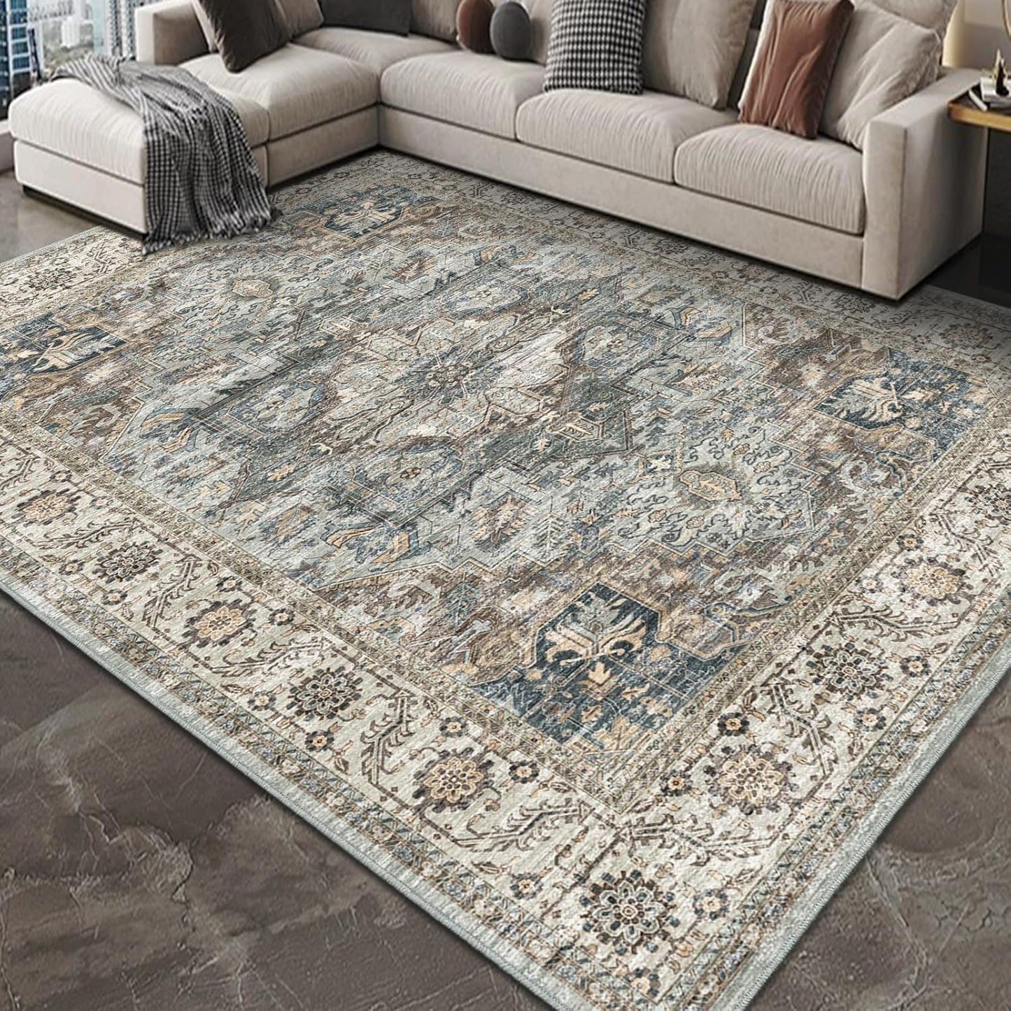 Vintage Inspired Distressed Design Machine Washable Rug 8x10
