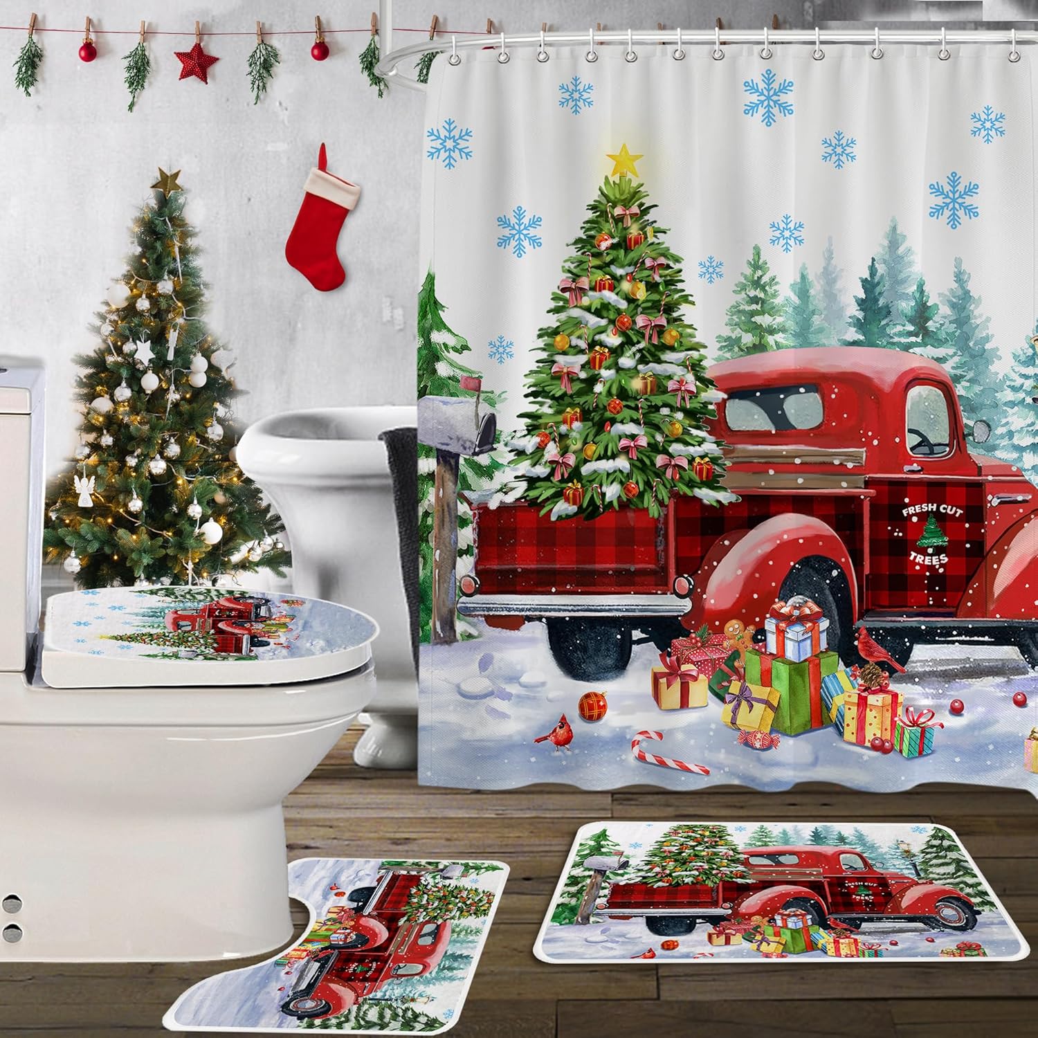 Watercolor Truck Christmas Bathroom Set - Hexagram