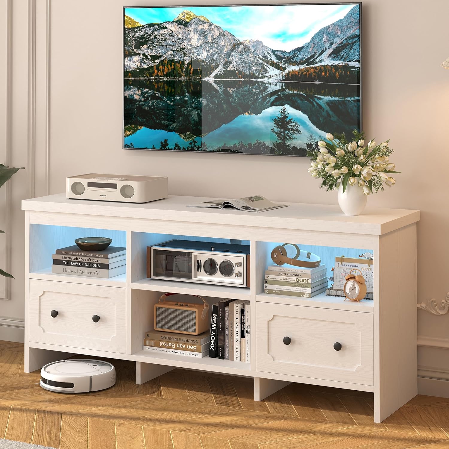 IRONCK White TV Stand: Organized Entertainment Hub