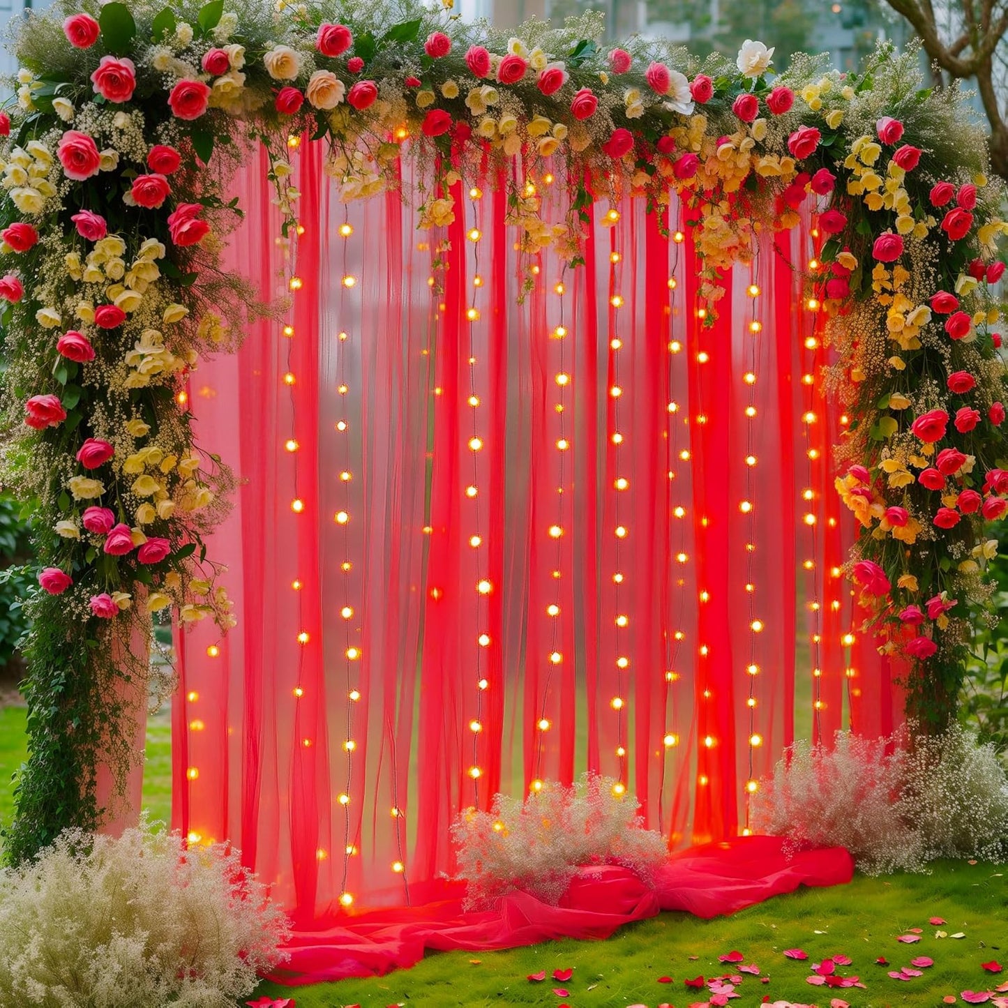 2010ft Red Tulle Backdrop Curtain with Lights for Events
