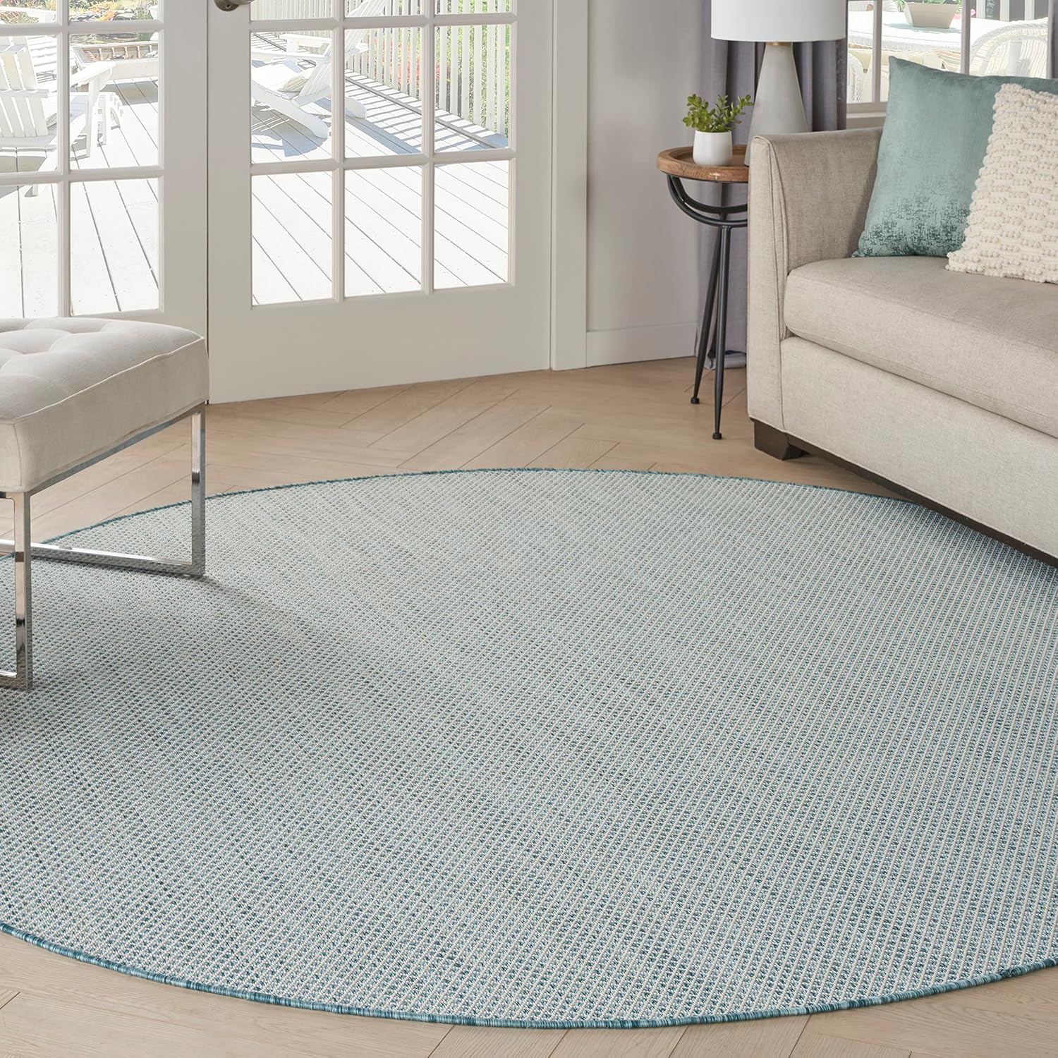 Nourison Home Courtyard 8ft Round Ivory Aqua Modern Area Rug