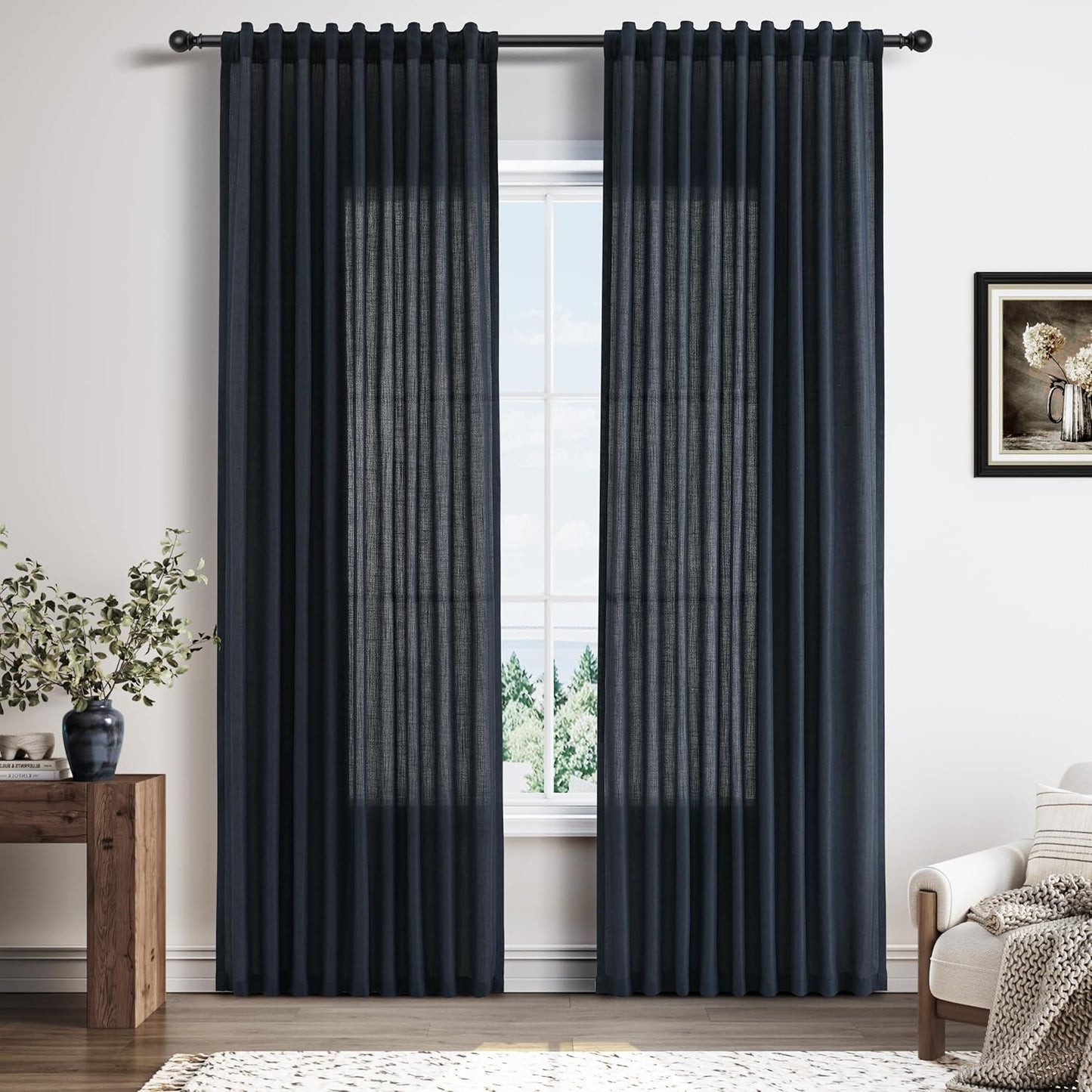 Vintage Blue Linen Curtains 84 Inches Long for Elegant Living Room