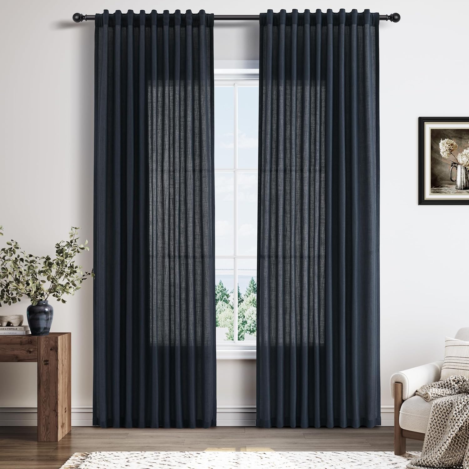 Vintage Blue Linen Curtains 84 Inches Long for Elegant Living Room