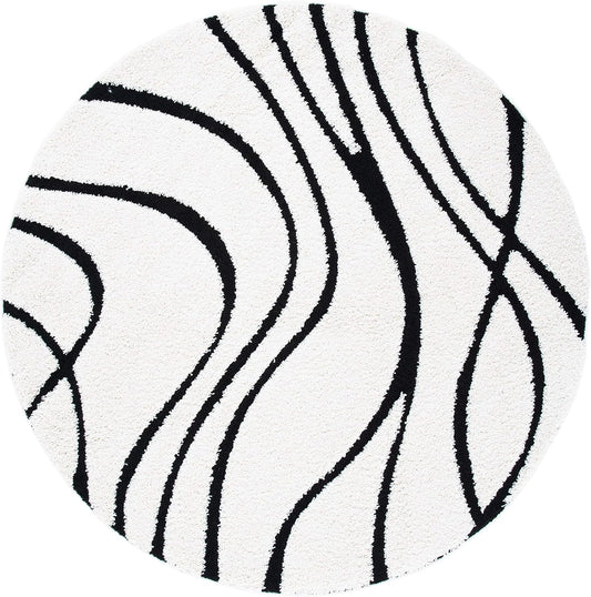 SAFAVIEH Florida Shag Collection 5ft Round Ivory Black Area Rug