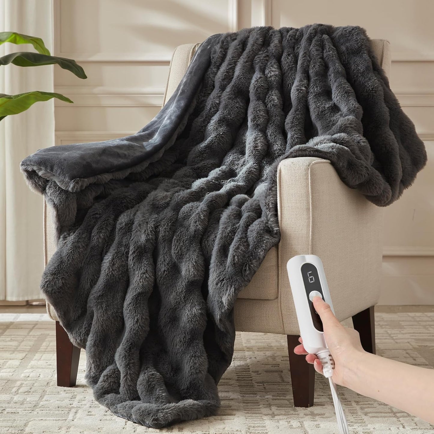 Heated Blanket Twin Size - Plush Thick Bubble Faux Fur Comfort