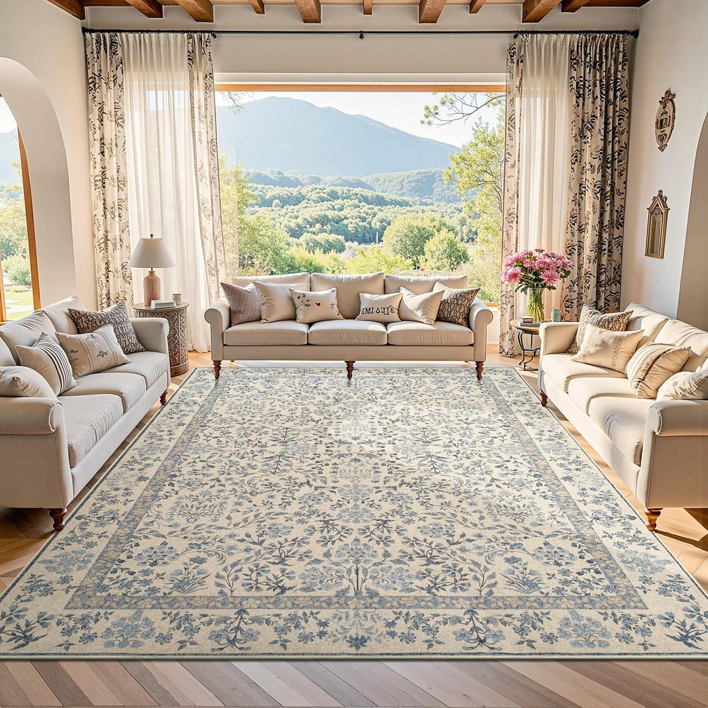 Floral 8x10 Area Rug Soft Low-Pile Vintage Botanical Aesthetic