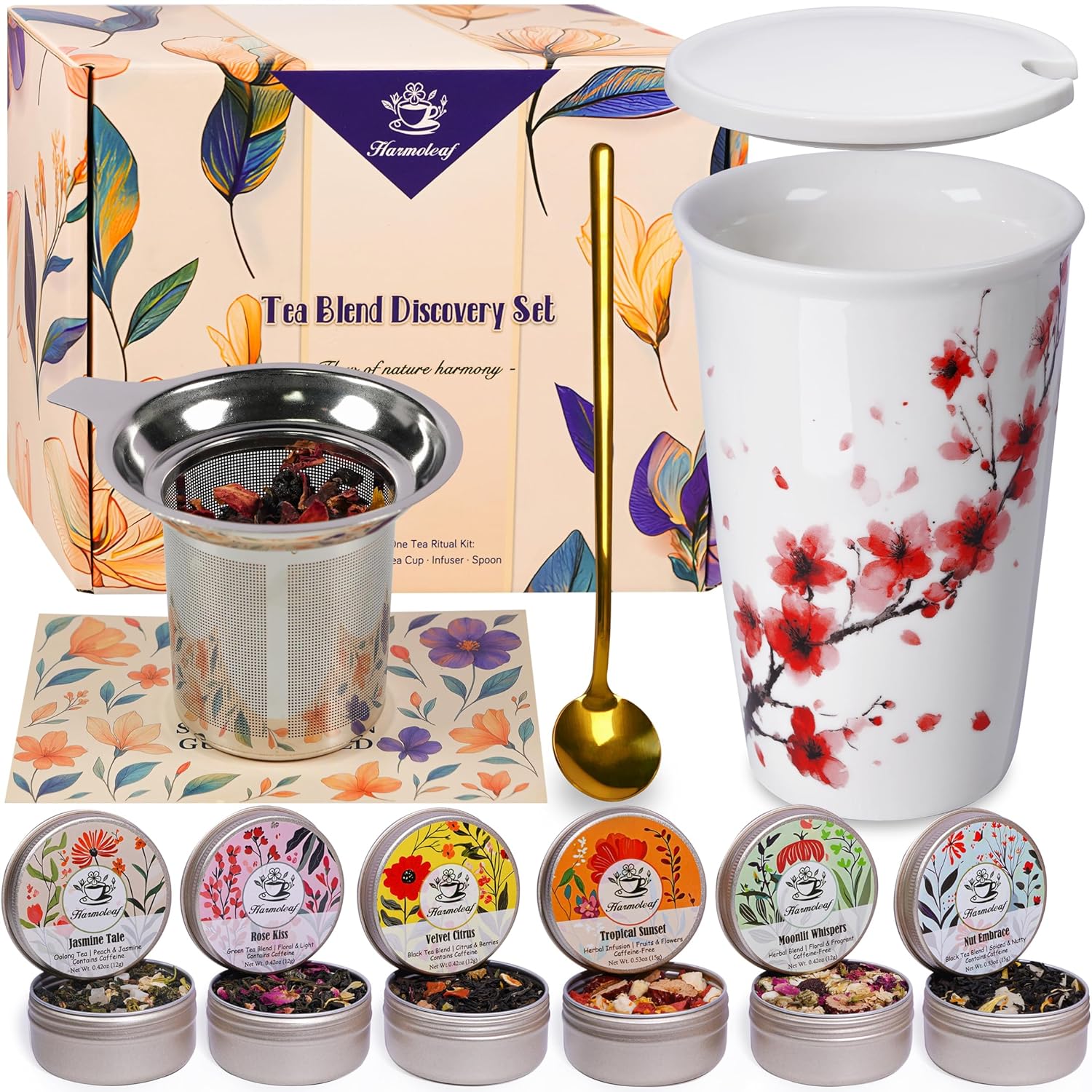 Harmoleaf Tea Gift Set for Women - Elegant Herbal Blends & Cup