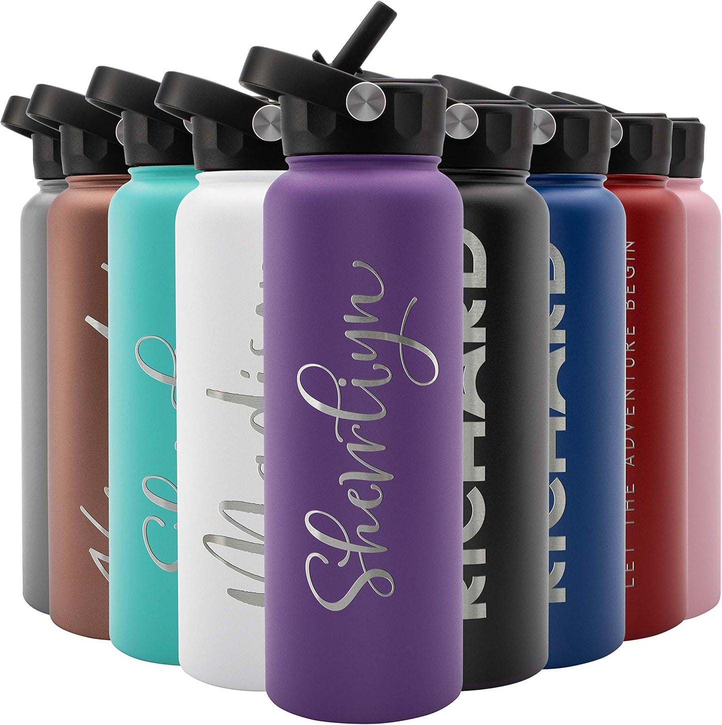 Personalized Water Bottle w/Straw & Lid - 40 oz Purple