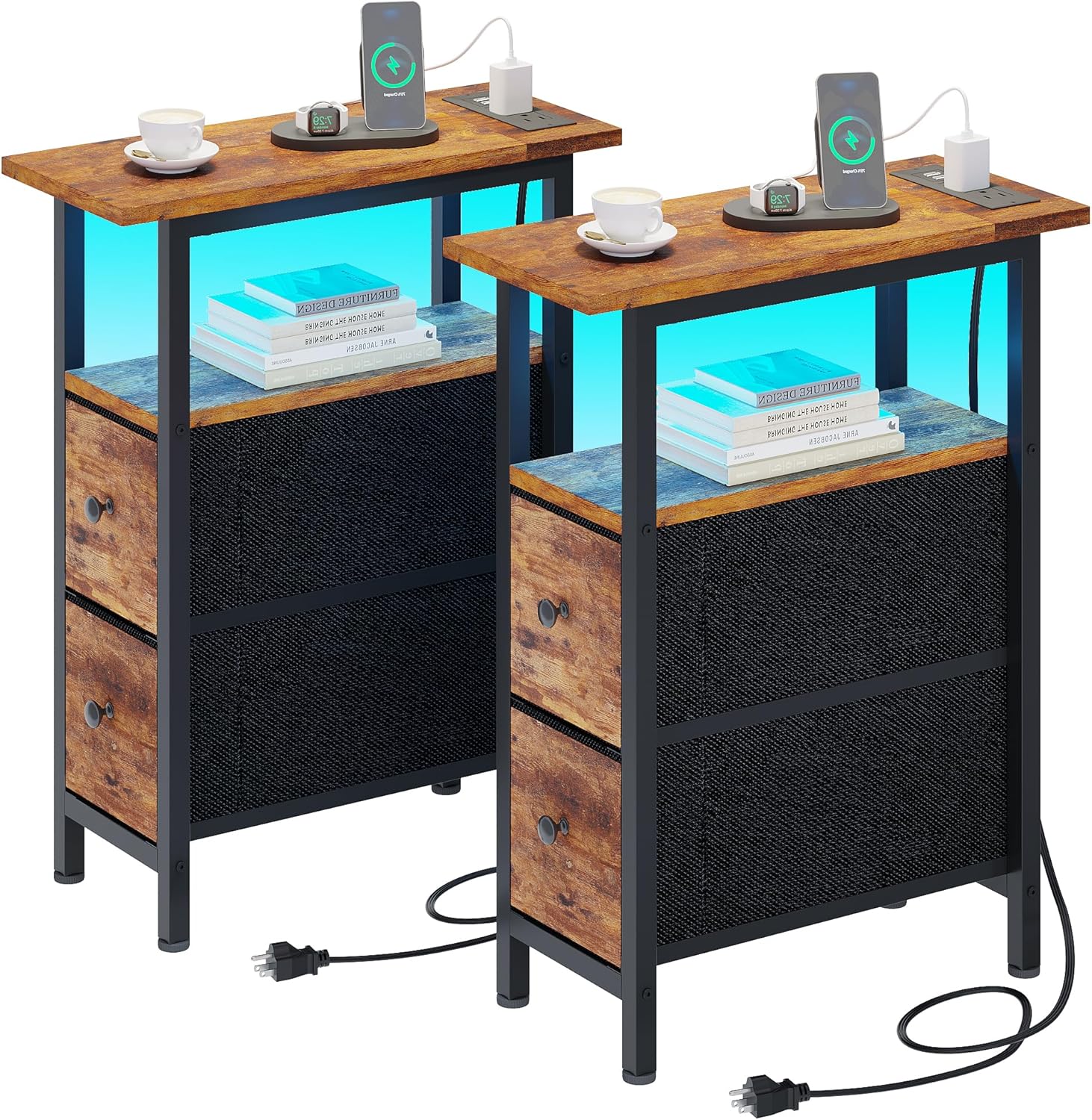 End Table Set with Charging Station and LED Light for Small Spaces