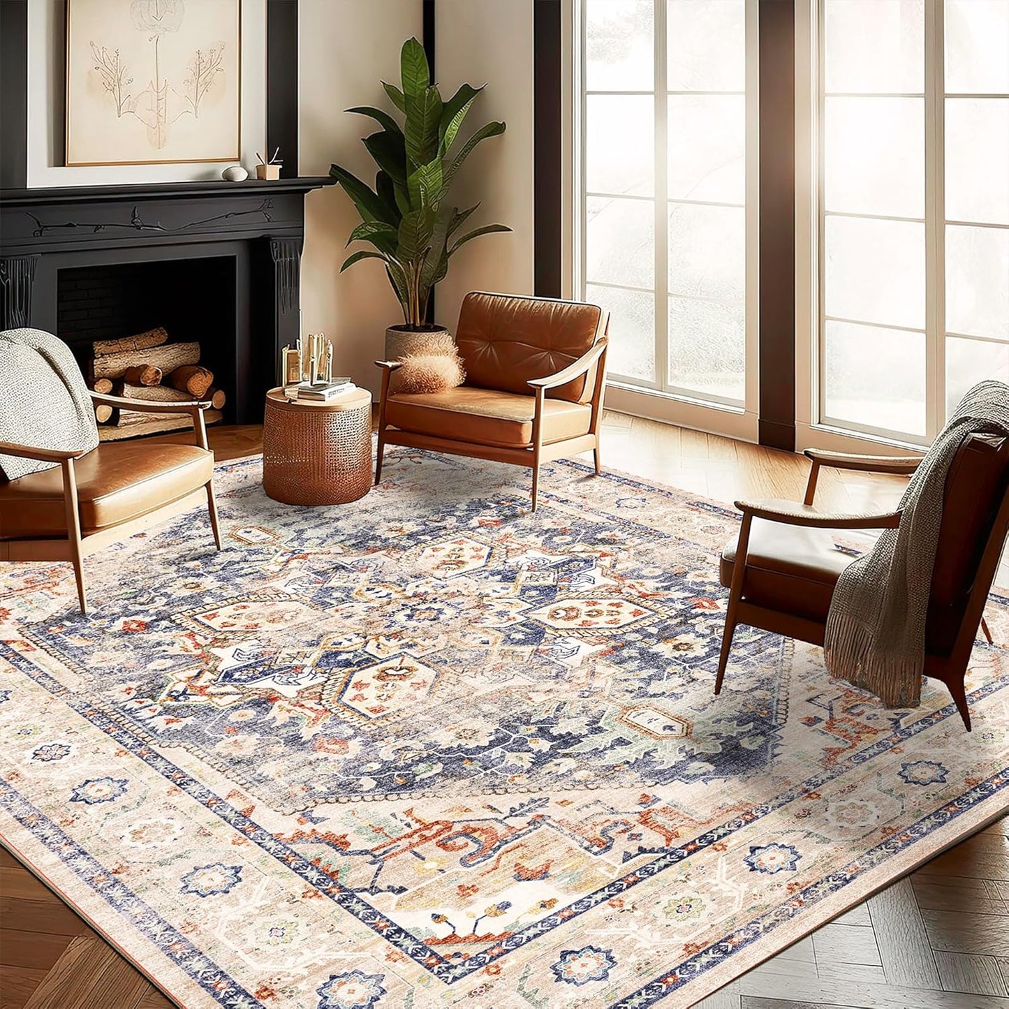 Washable Area Rug 8ftx10ft Blue Khaki Retro Boho Design