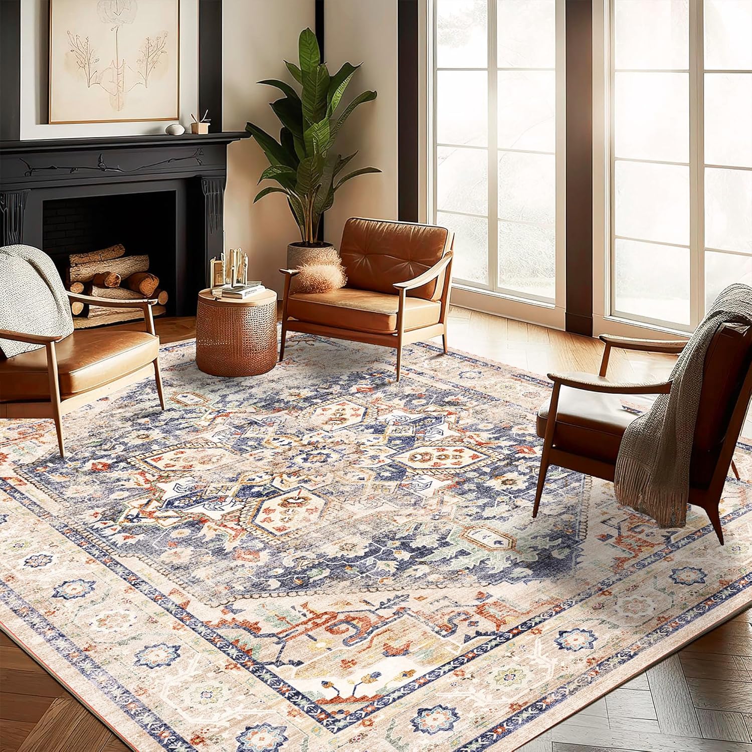Washable Area Rug 8ftx10ft Blue Khaki Retro Boho Design