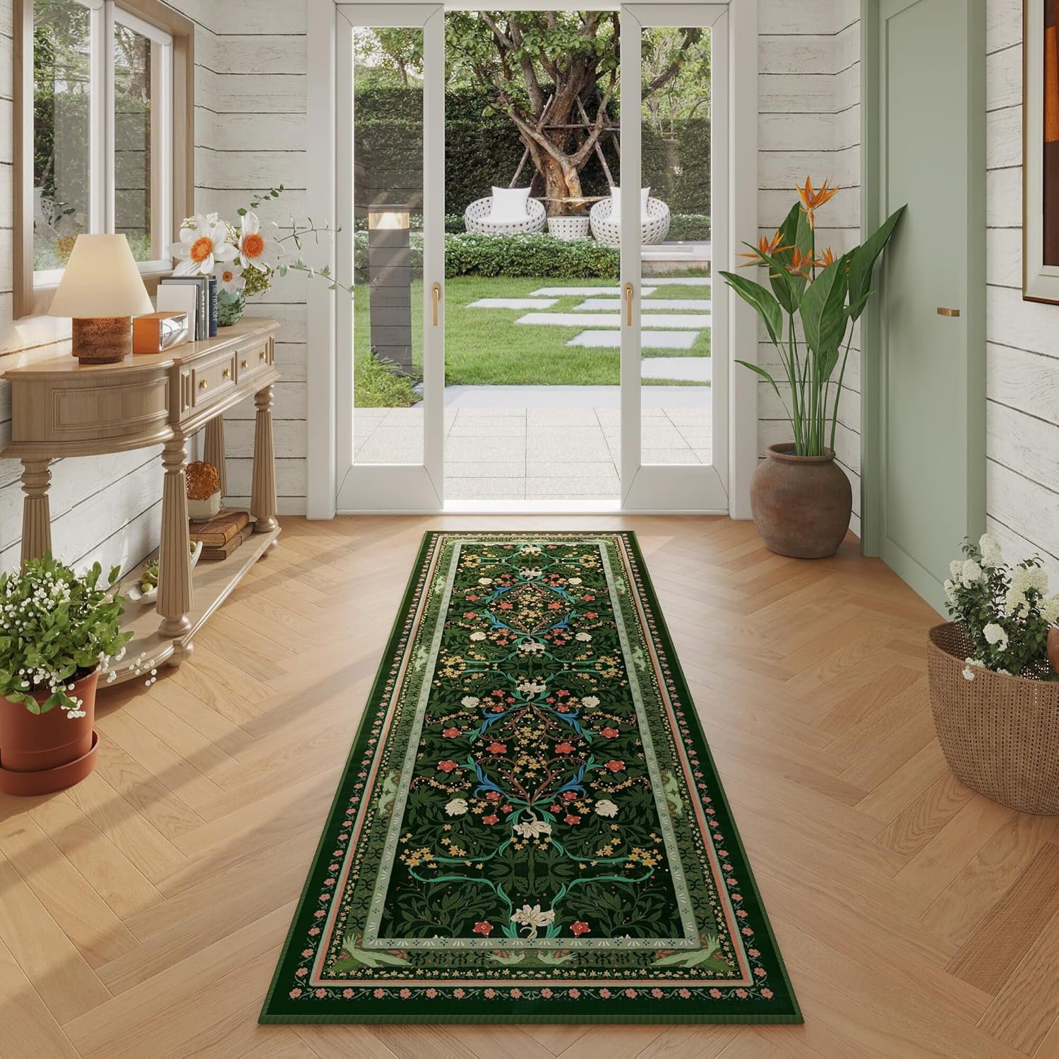 Vintage Floral Botanical Runner Rug for Kitchen and Home Spaces