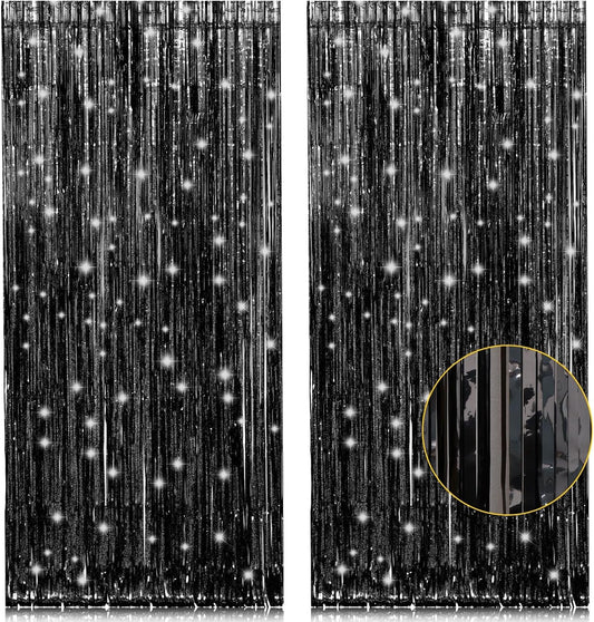 Shimmering Black Tinsel Party Curtains - 2 Pack 3.2ft x 8.2ft