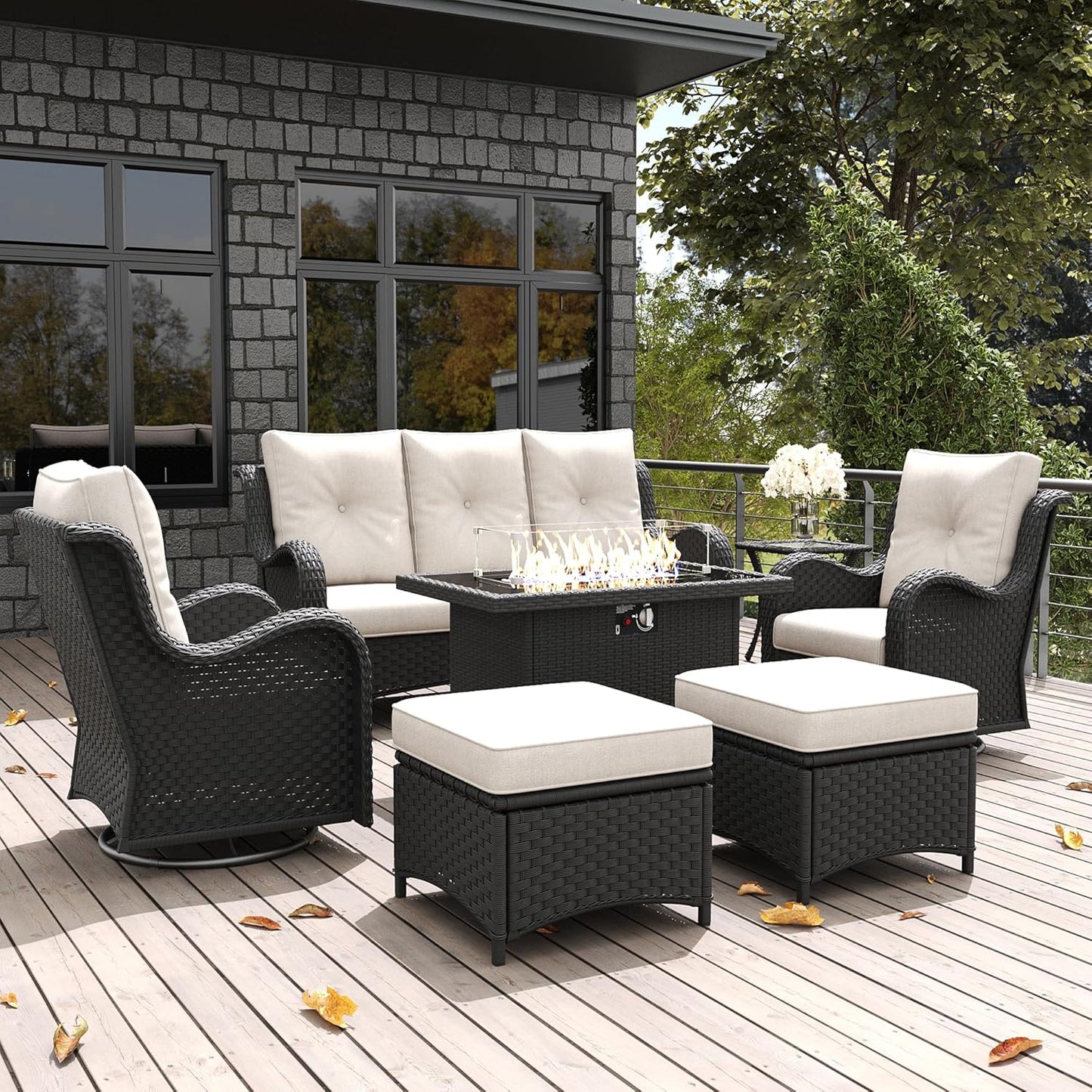 LayinSun 7 Pieces Outdoor Patio Furniture Set with Fire Pit Table