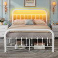 Full Size Metal Bed Frame with LED Lights and Charging Station - White