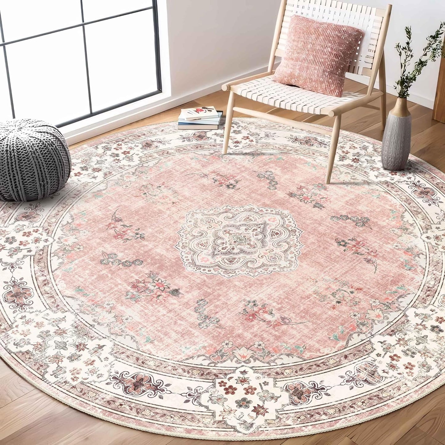 MUJOO Pink Round Rug 6ft - Washable Non-Slip Area Rug