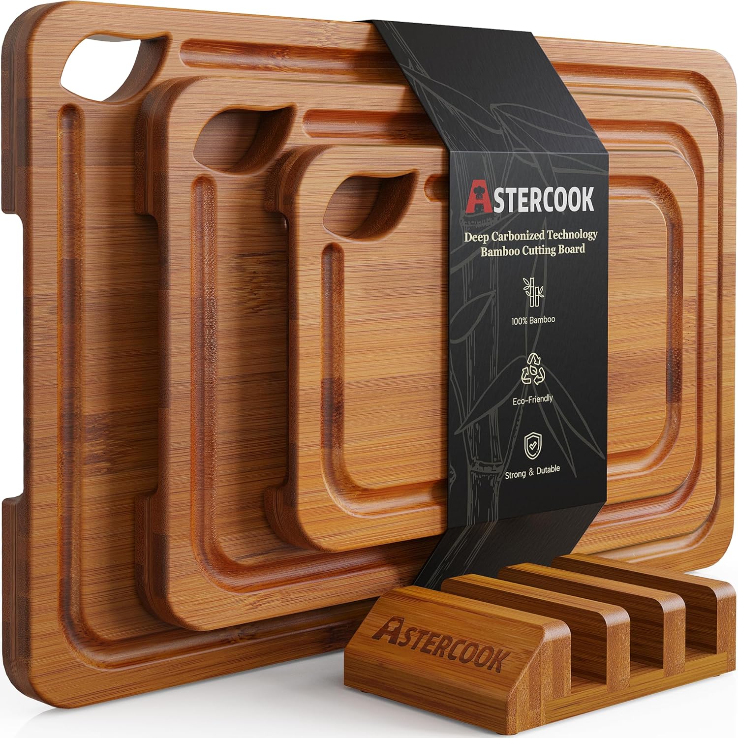 Astercook Deep-Carbonized Bamboo Cutting Boards Set with Stand