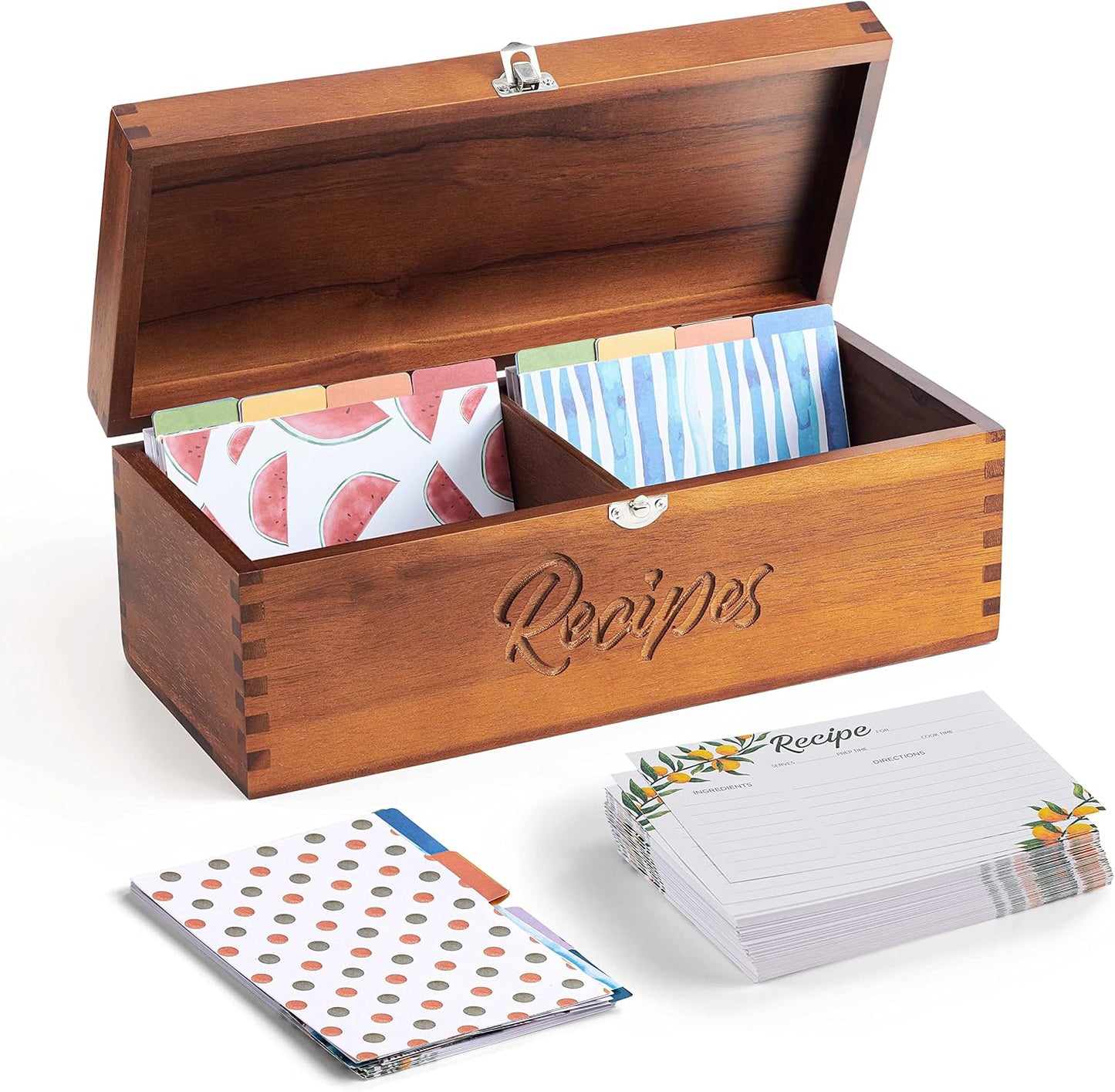 Acacia Wood Large Recipe Box with 100 Cards and Dividers